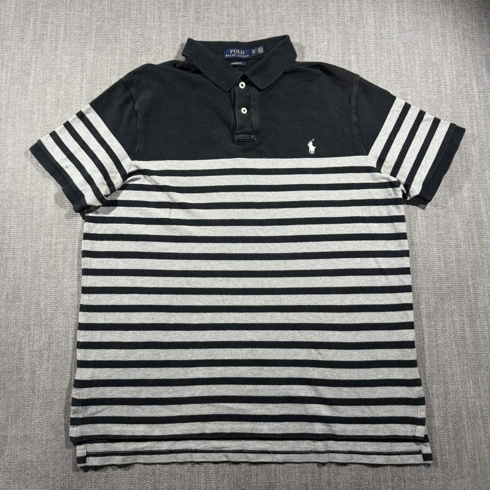Polo Ralph‎ Lauren Custom Fit Polo Shirt Mens XL Black Gray Striped Cotton Knit